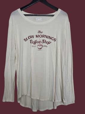 Maurices Cream Sleep Shirt with Burgundy "Slow Mornings Coffee Shop" Graphic